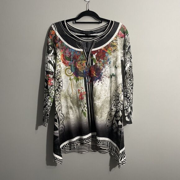 FunSport Women’s S Floral Abstract Tunic Lagenlook Long Sleeve Artsy Boho - Picture 1 of 12